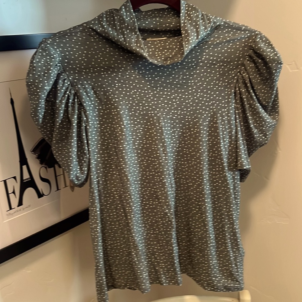 Blue nation ltd top with mini polka dots and puff sleeves.